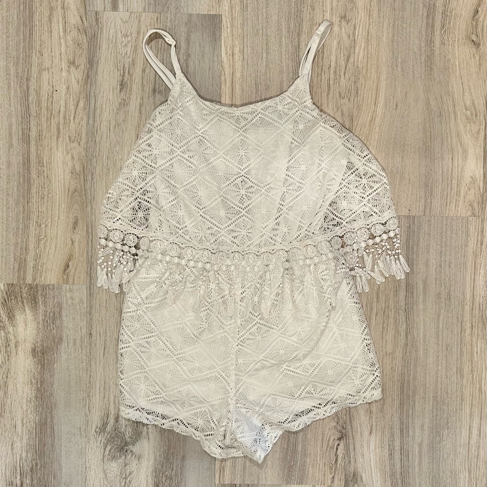 Rue 21 White Lace Tank Shorts Layered Boho Romper White Keyhole Back Size M